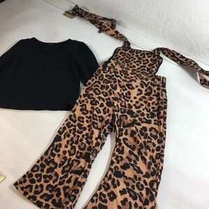 Toddler Bibb Overall Set Black Shirt Animal Print Overalls Size 12-18 months